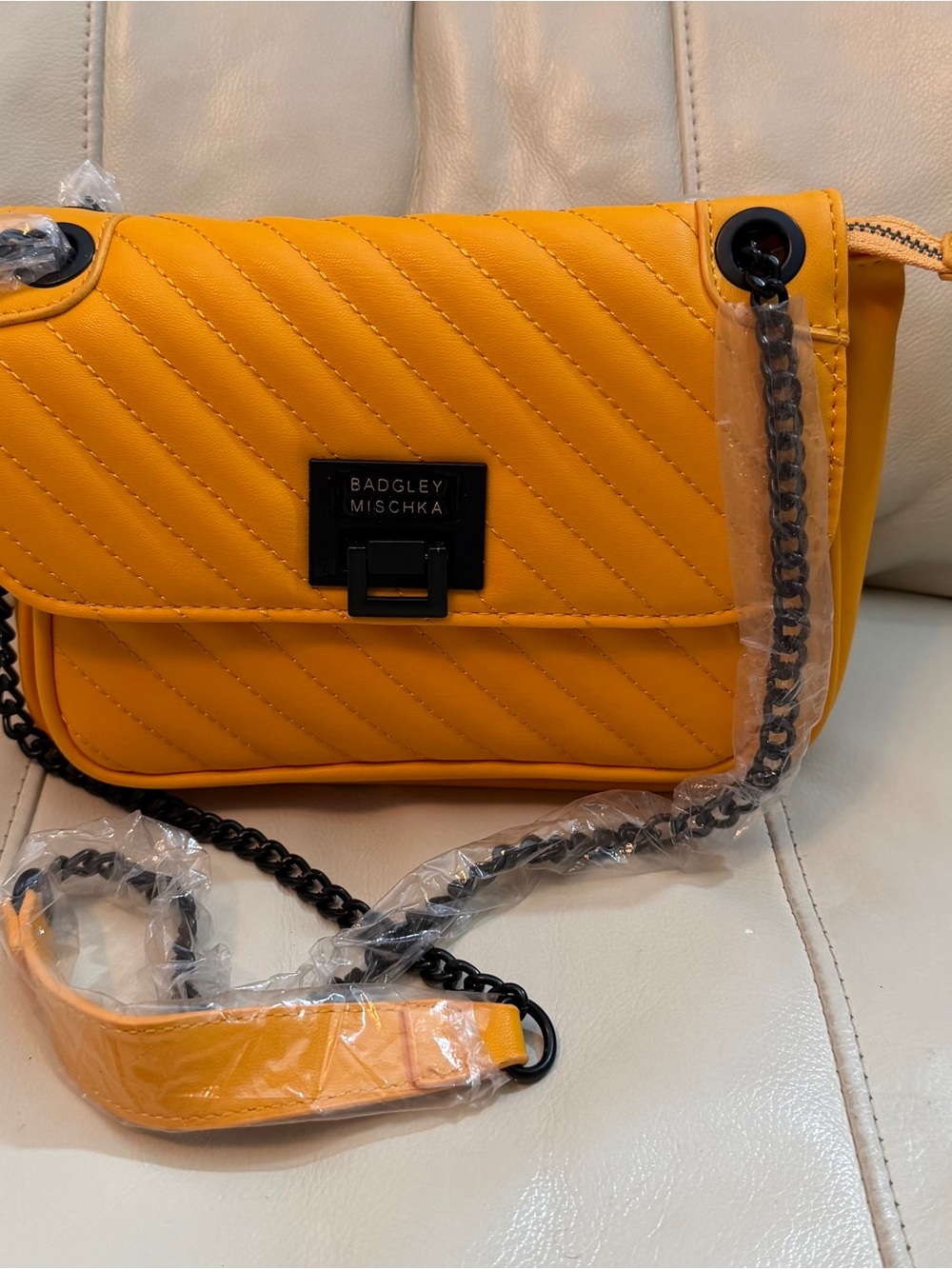 NWT Badgley Mischka Bright Yellow Quilted Chain Crossbody Bag